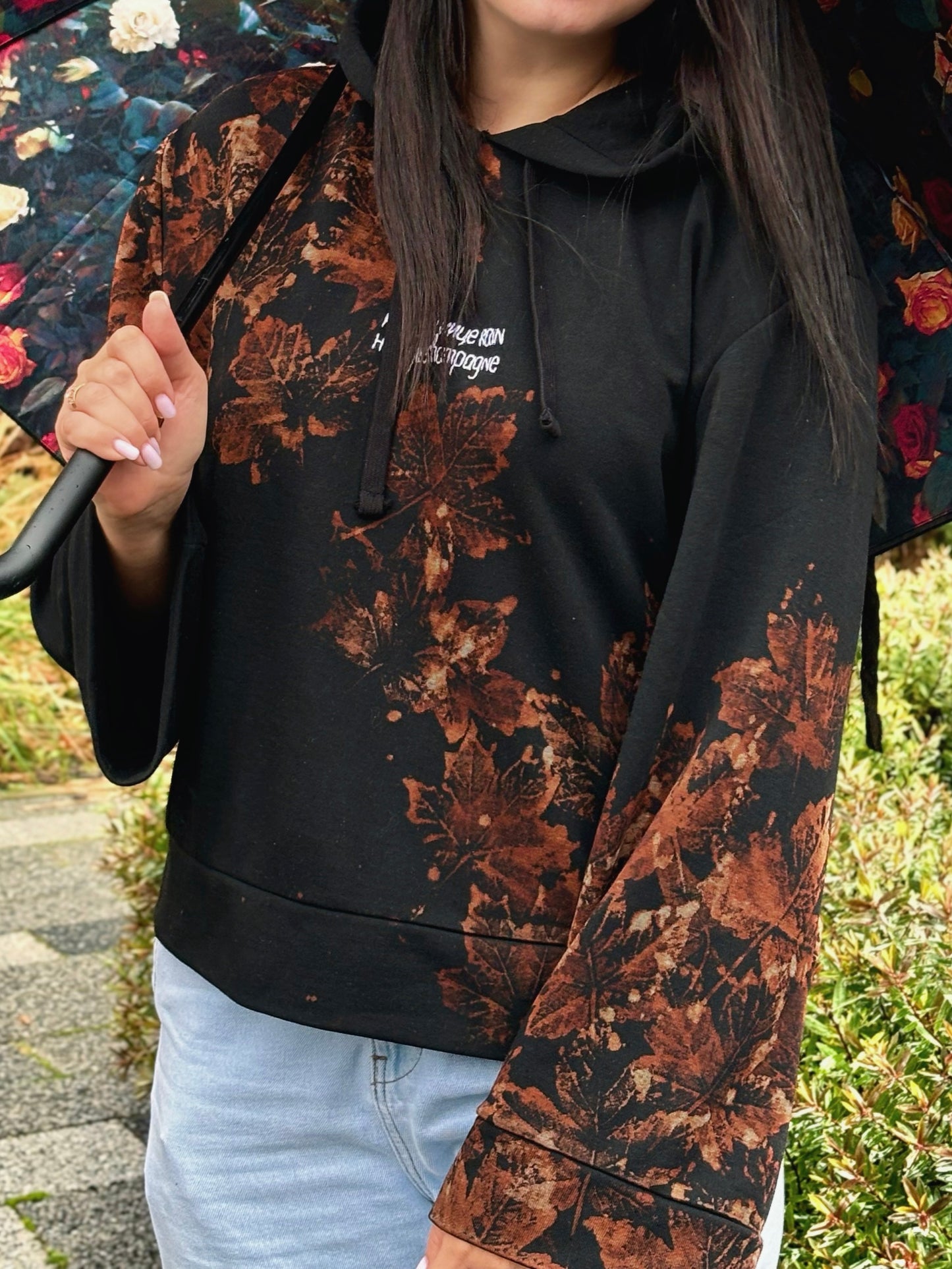 Hoodie with Embroidered Design & Bleach Leaf Print